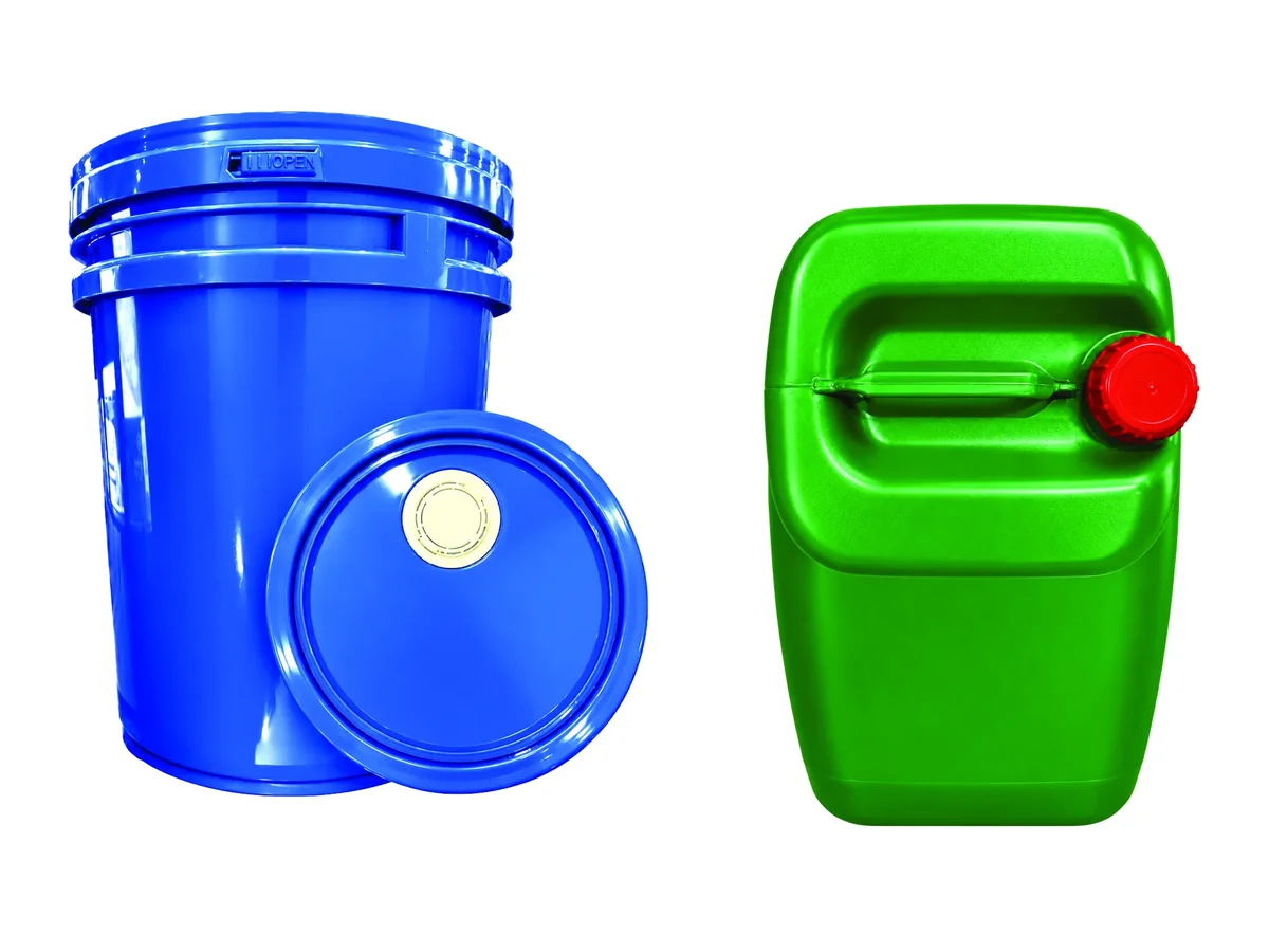 Blue plastic bucket with lid beside a green jerrycan, from the Unique Plastic Industry catalog